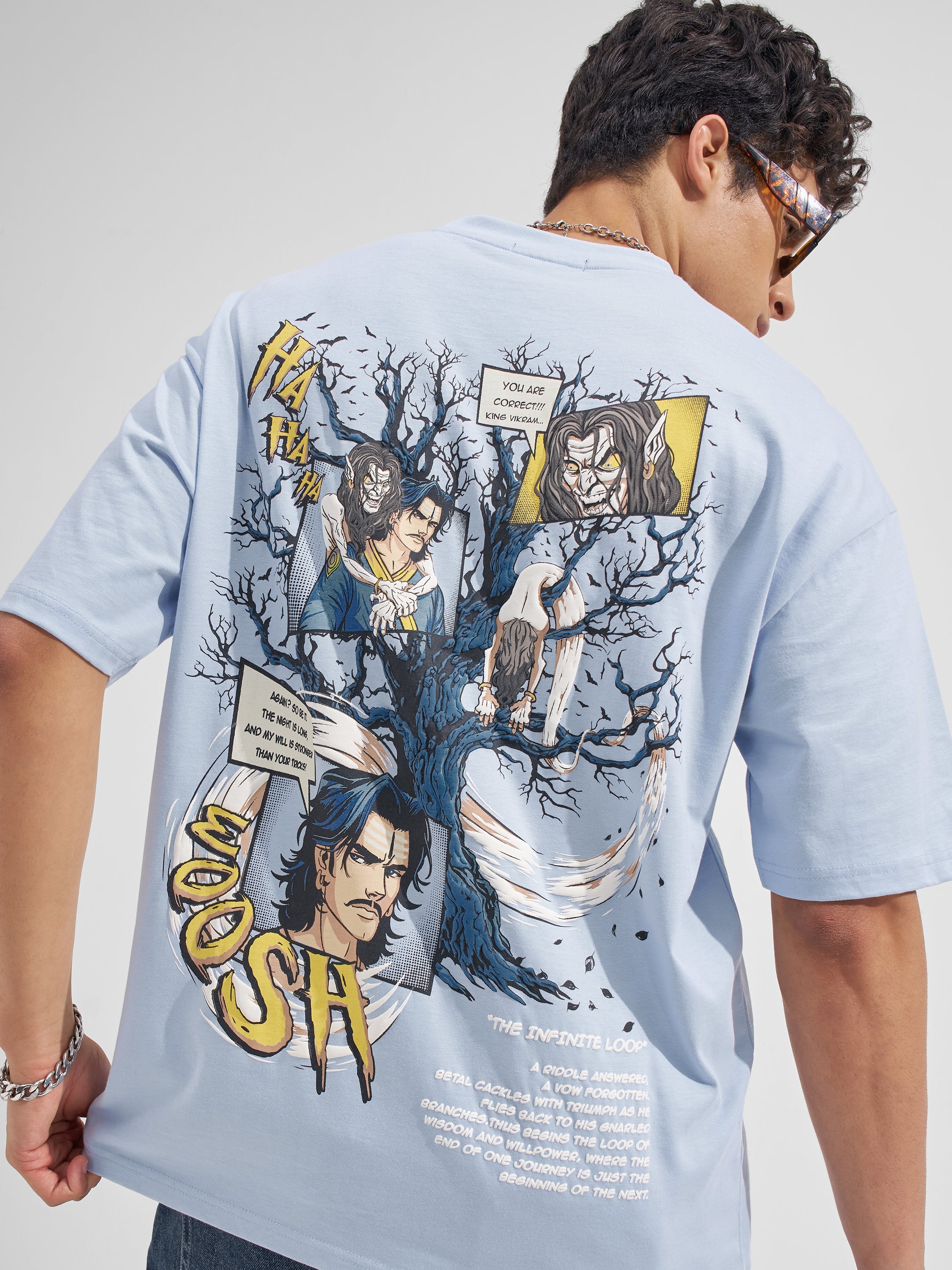 Highlander Men Blue Printed Round Neck Oversized Fit T-Shirt