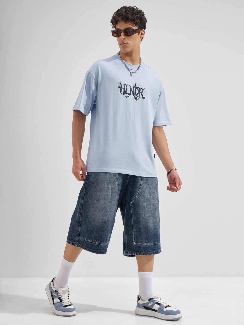 Highlander Men Blue Printed Round Neck Oversized Fit T-Shirt