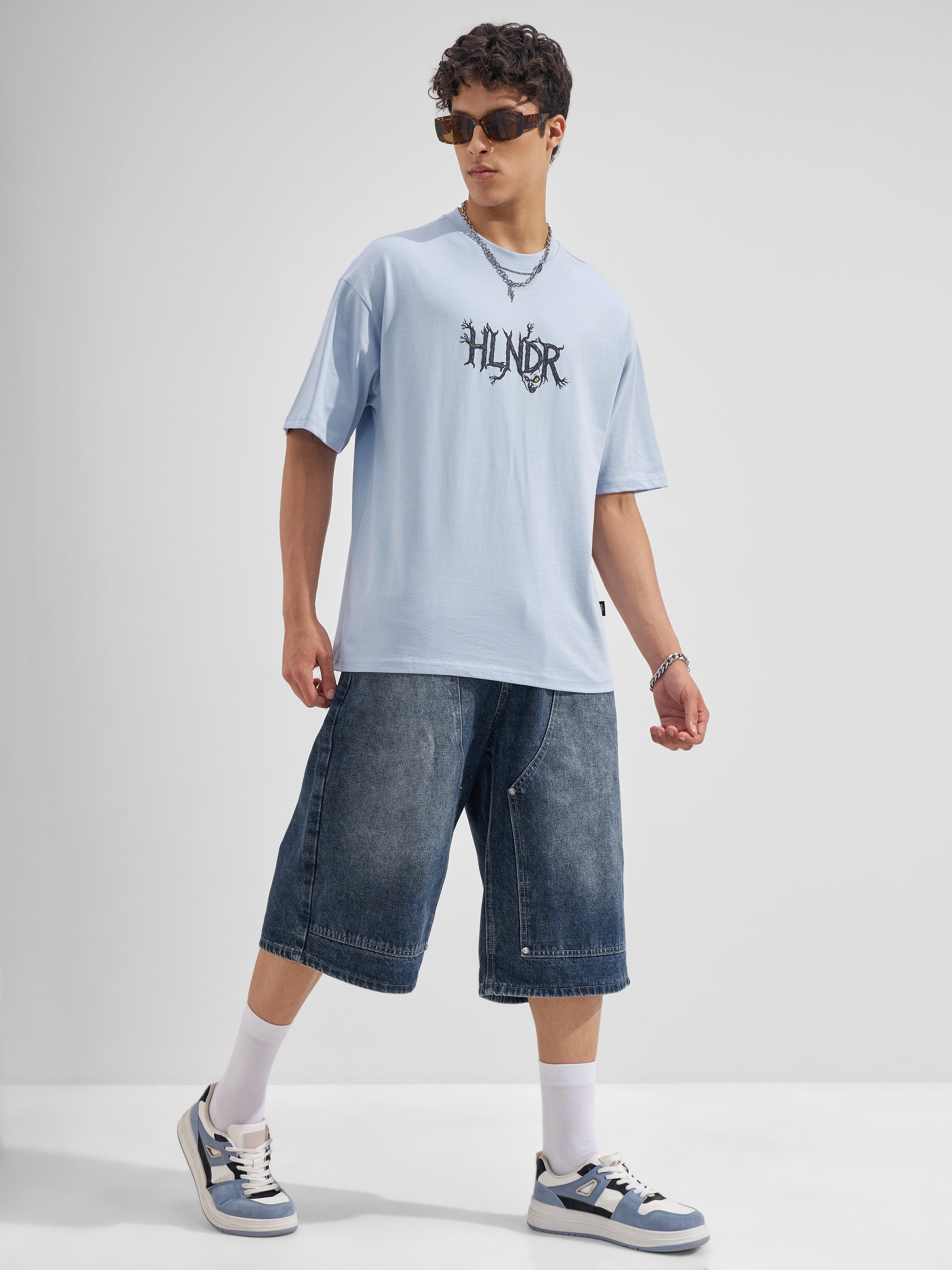 Highlander Men Blue Printed Round Neck Oversized Fit T-Shirt