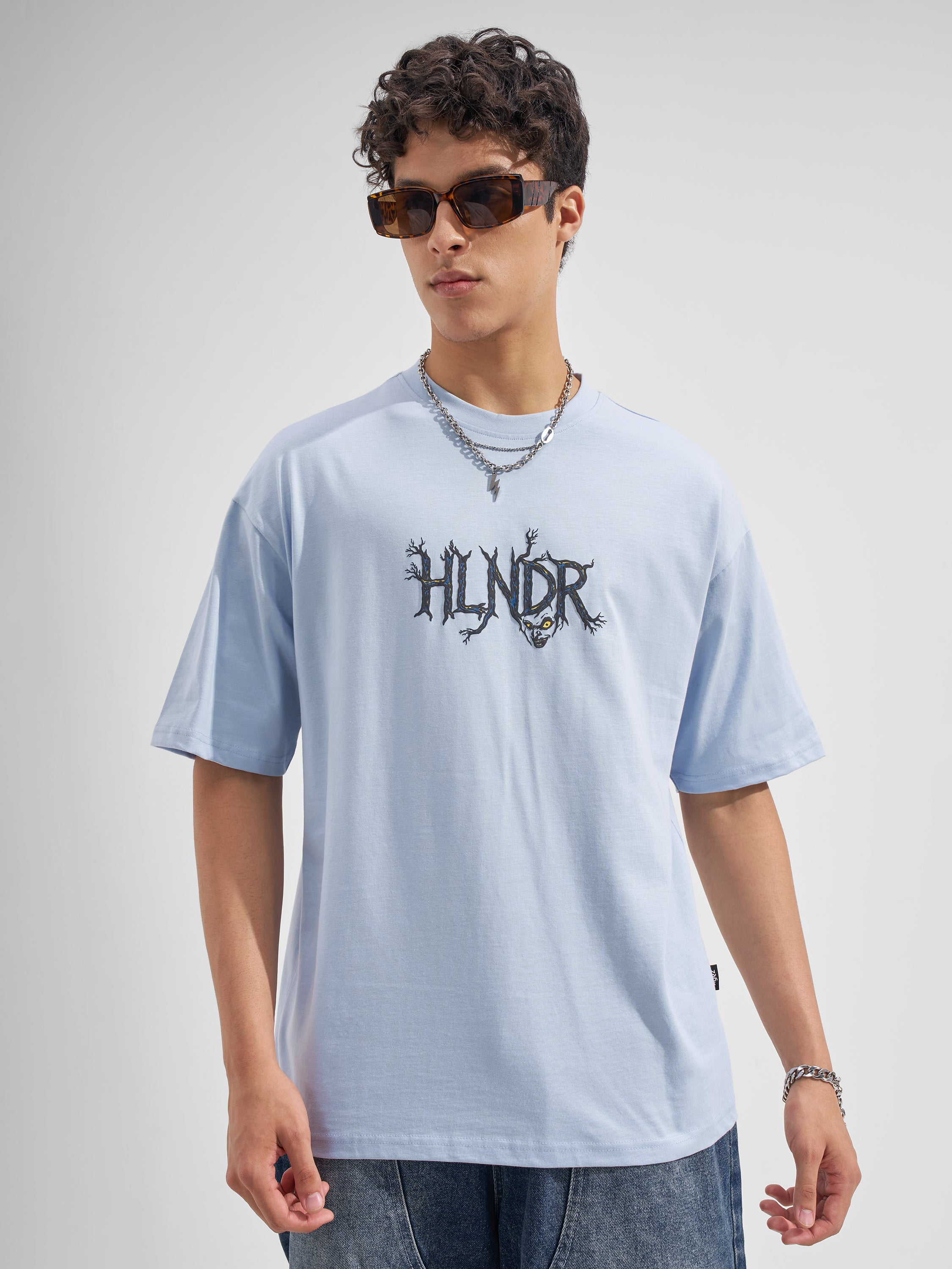 Highlander Men Blue Printed Round Neck Oversized Fit T-Shirt