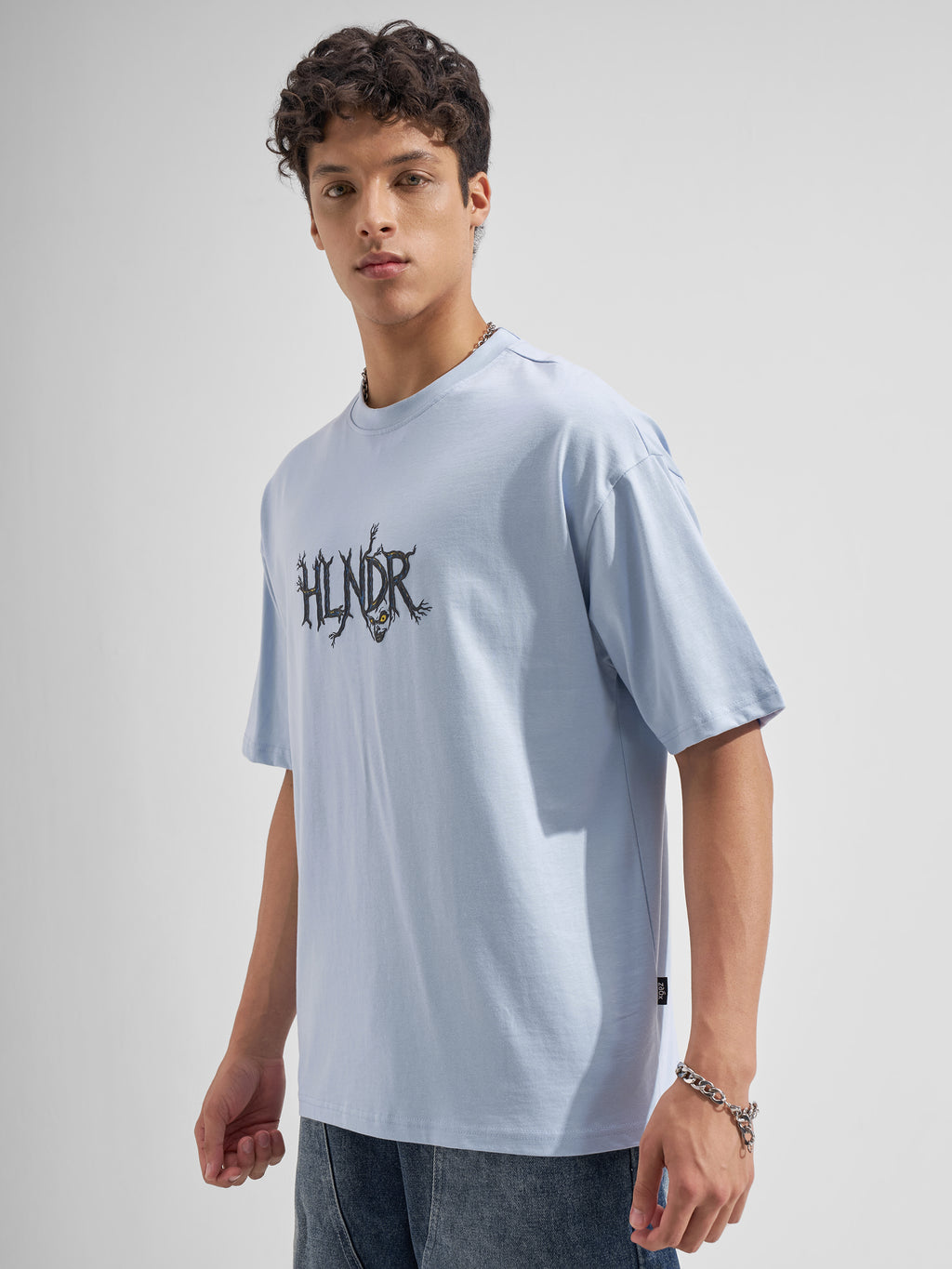 Highlander Men Blue Printed Round Neck Oversized Fit T-Shirt