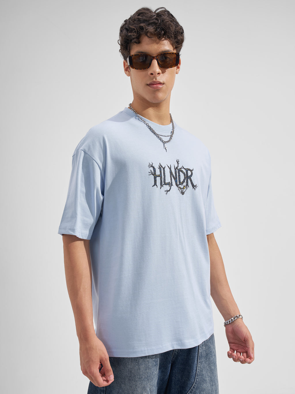 Highlander Men Blue Printed Round Neck Oversized Fit T-Shirt