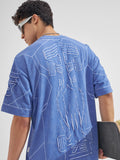 Highlander Men Blue Printed Round Neck Oversized Fit T-Shirt