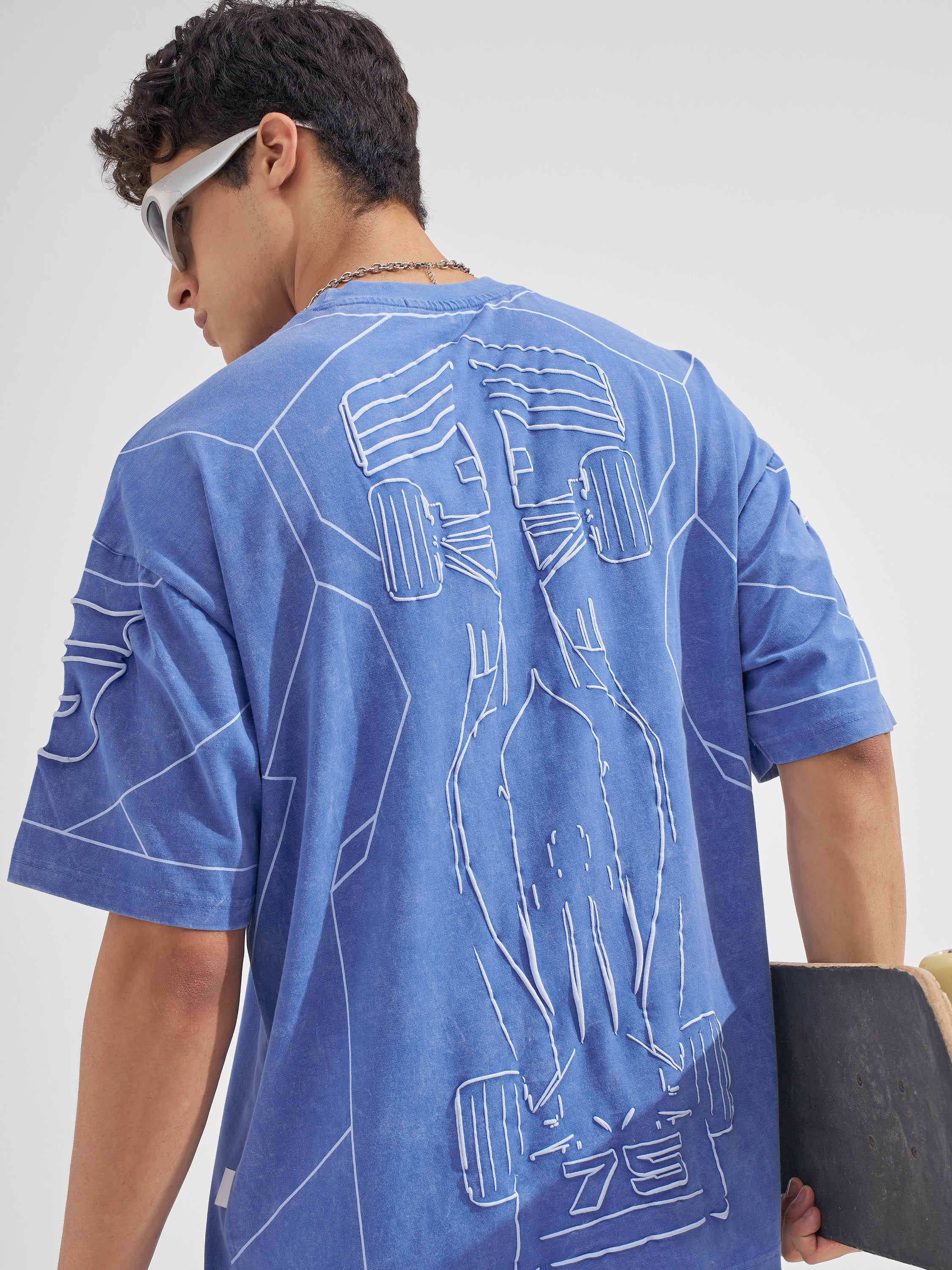 Highlander Men Blue Printed Round Neck Oversized Fit T-Shirt