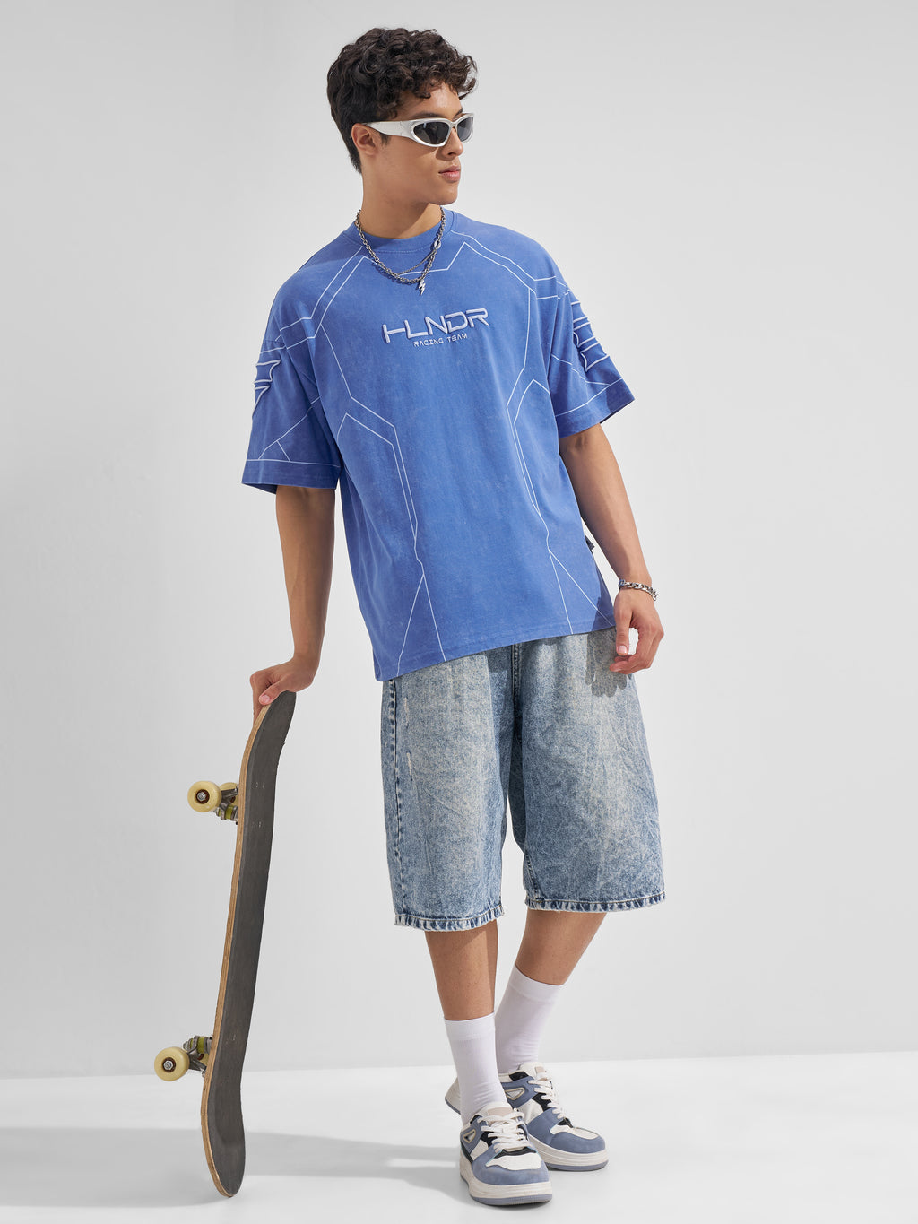 Highlander Men Blue Printed Round Neck Oversized Fit T-Shirt