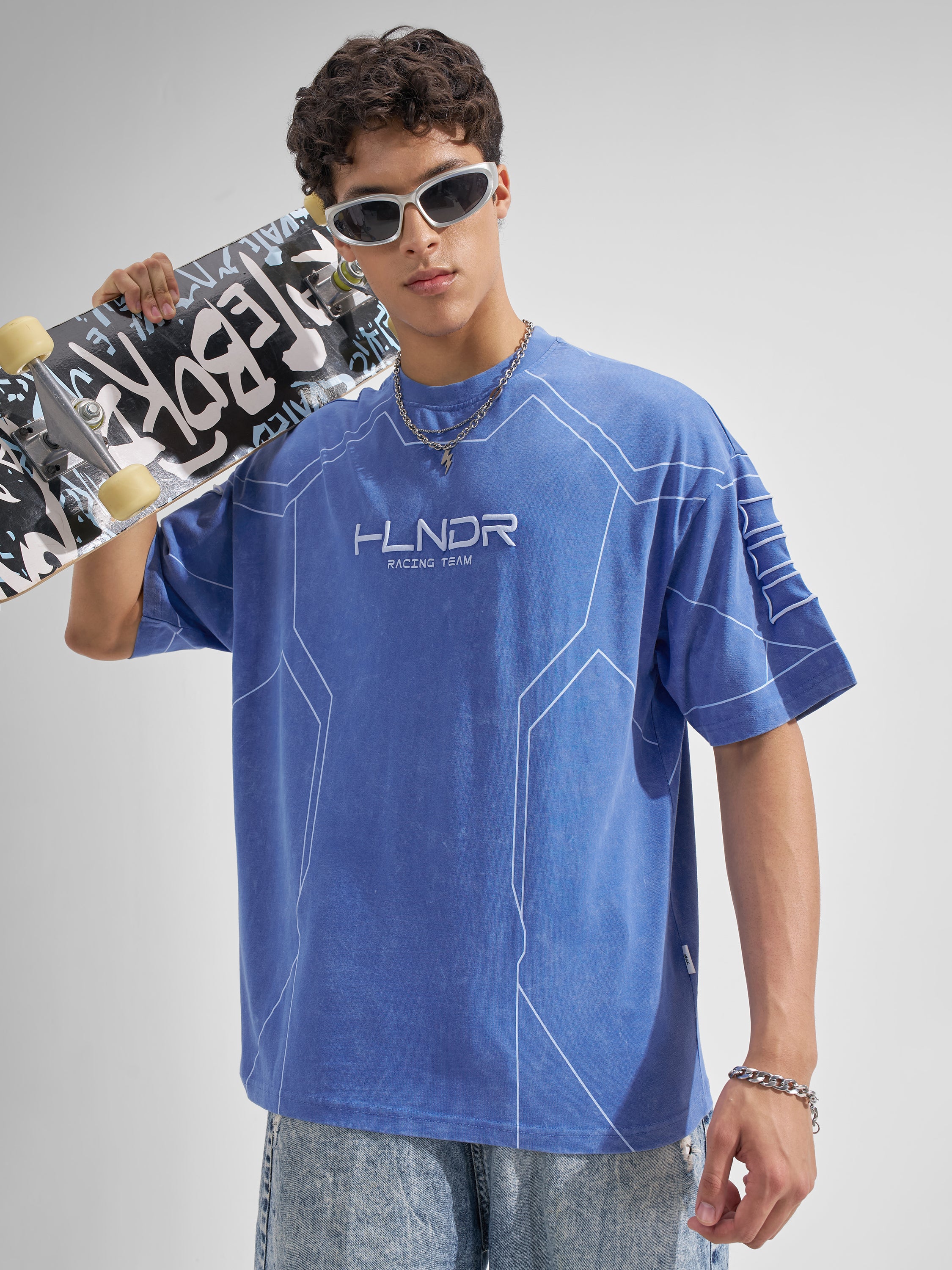 Highlander Men Blue Printed Round Neck Oversized Fit T-Shirt