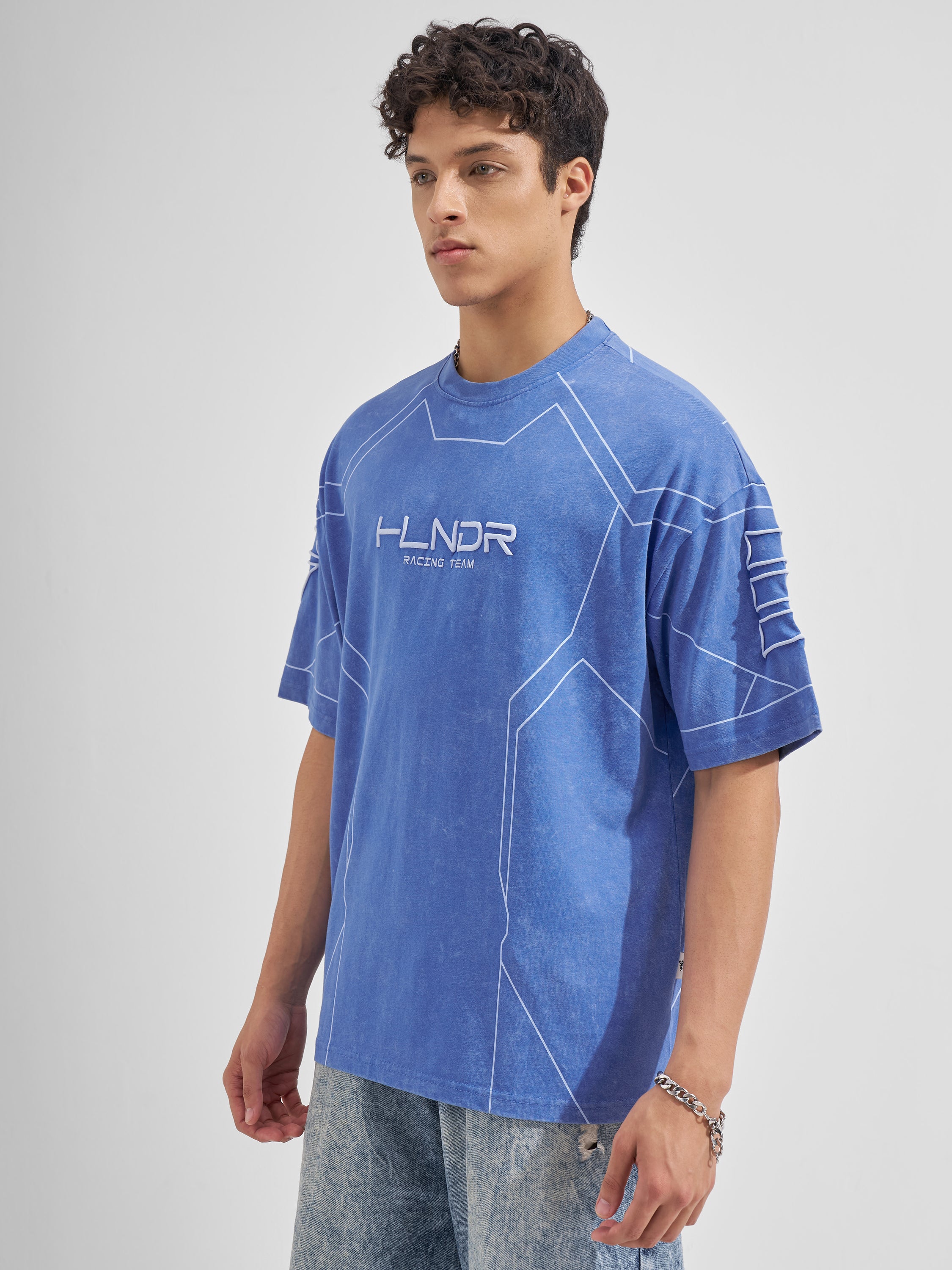 Highlander Men Blue Printed Round Neck Oversized Fit T-Shirt