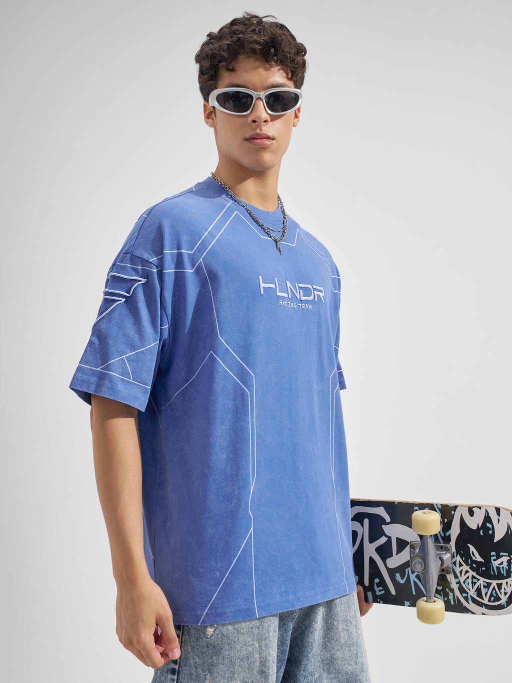 Highlander Men Blue Printed Round Neck Oversized Fit T-Shirt