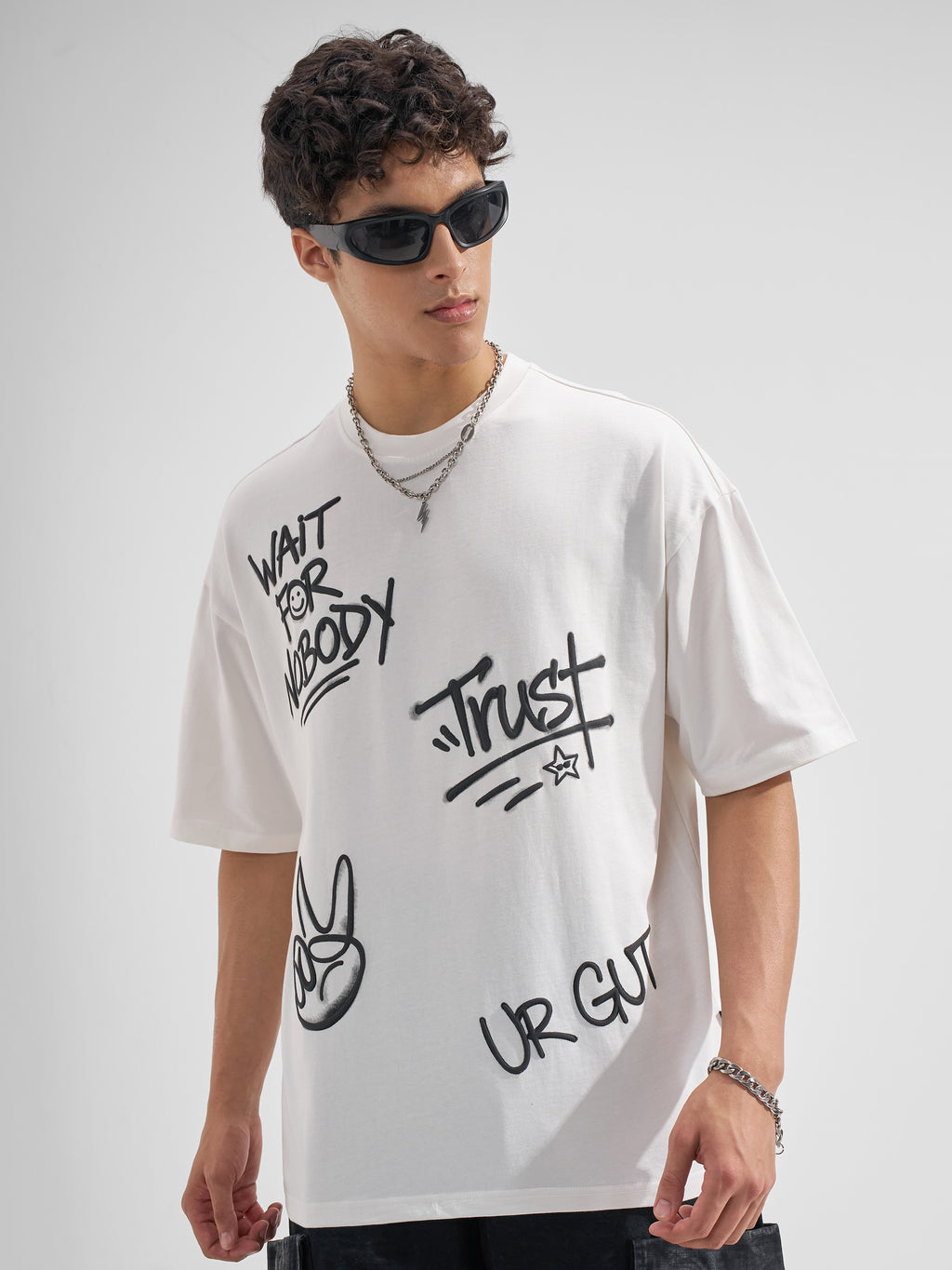 Highlander Men Off White Printed Round Neck Oversized Fit T-Shirt