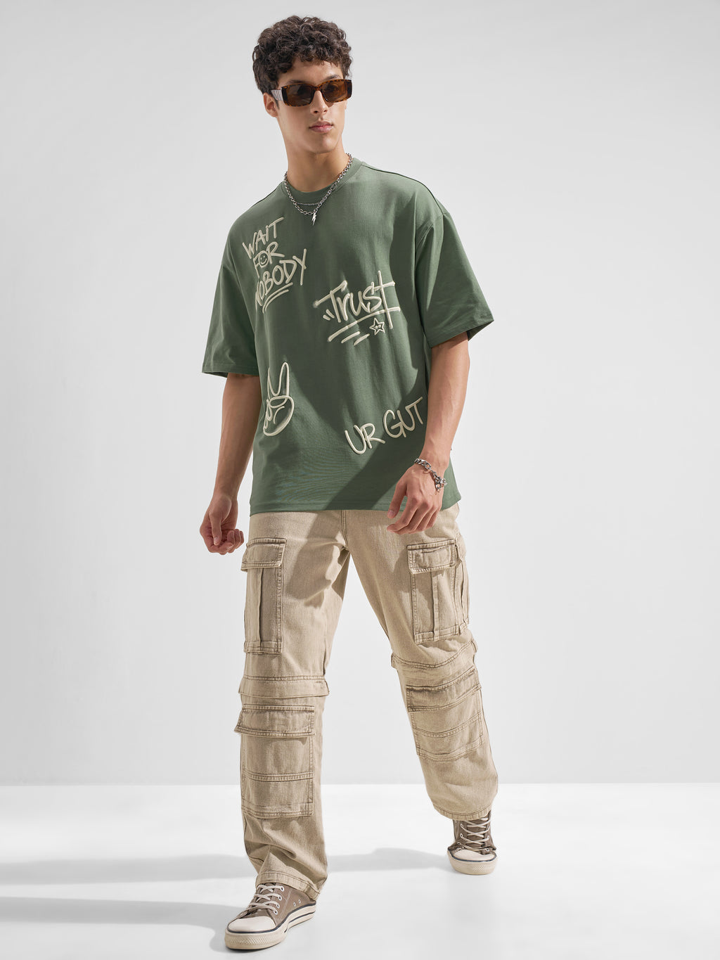 Highlander Men Olive Printed Round Neck Oversized Fit T-Shirt