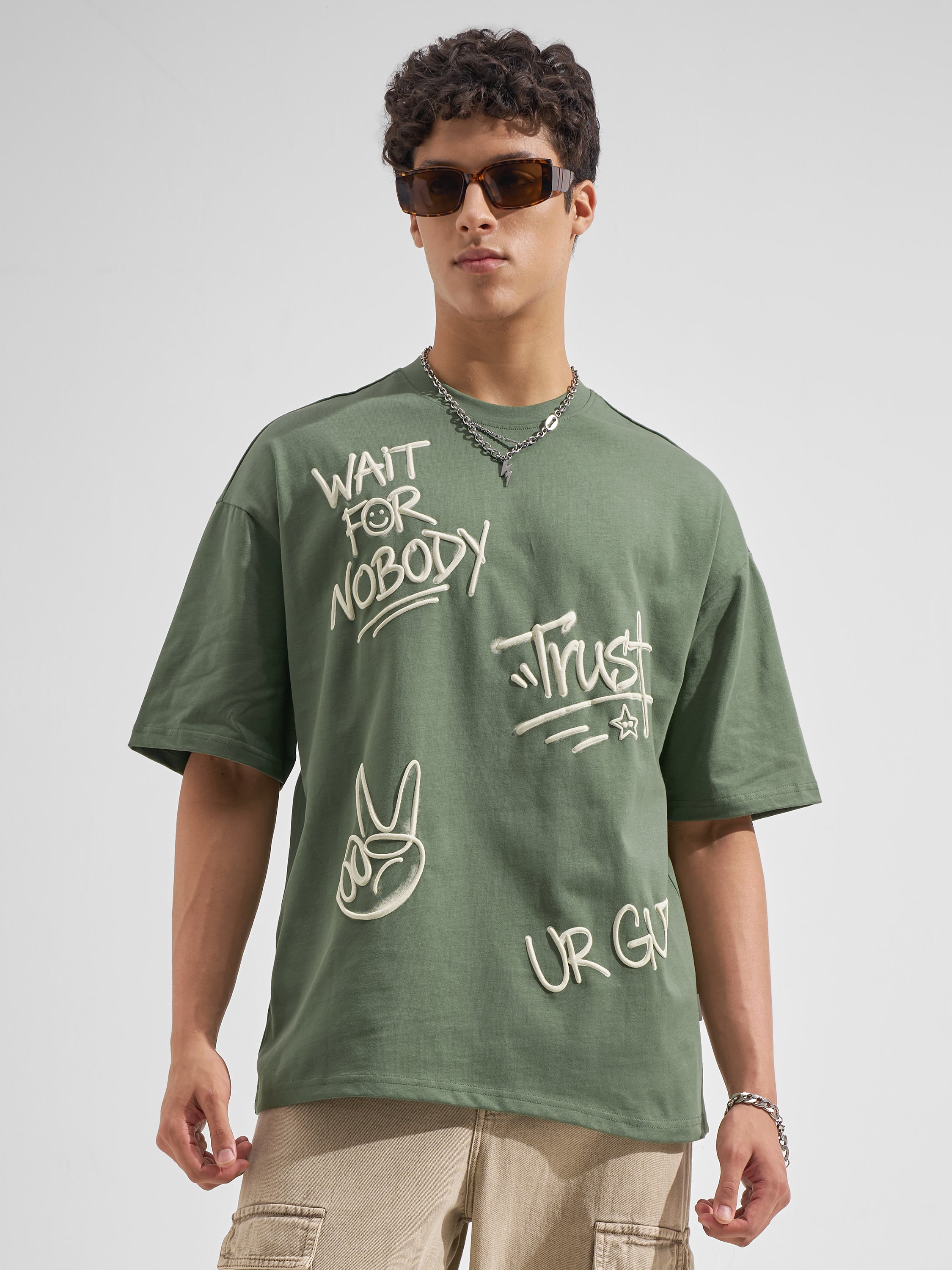 Highlander Men Olive Printed Round Neck Oversized Fit T-Shirt