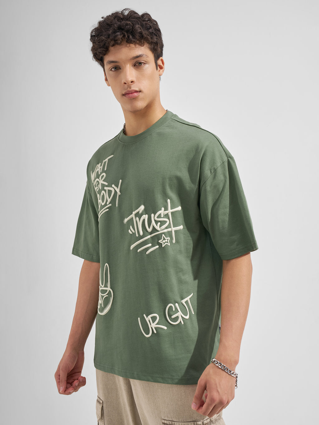 Highlander Men Olive Printed Round Neck Oversized Fit T-Shirt