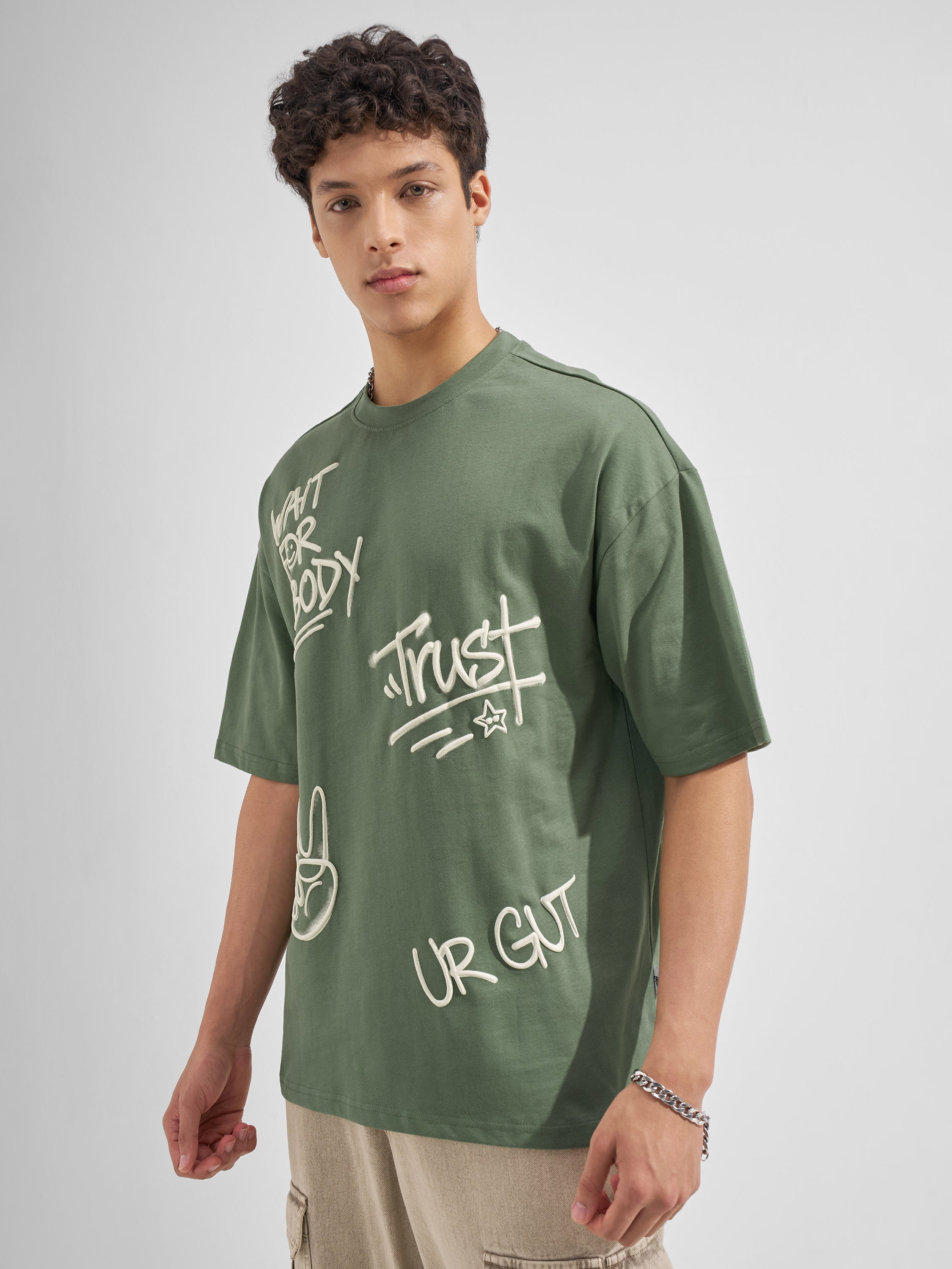 Highlander Men Olive Printed Round Neck Oversized Fit T-Shirt