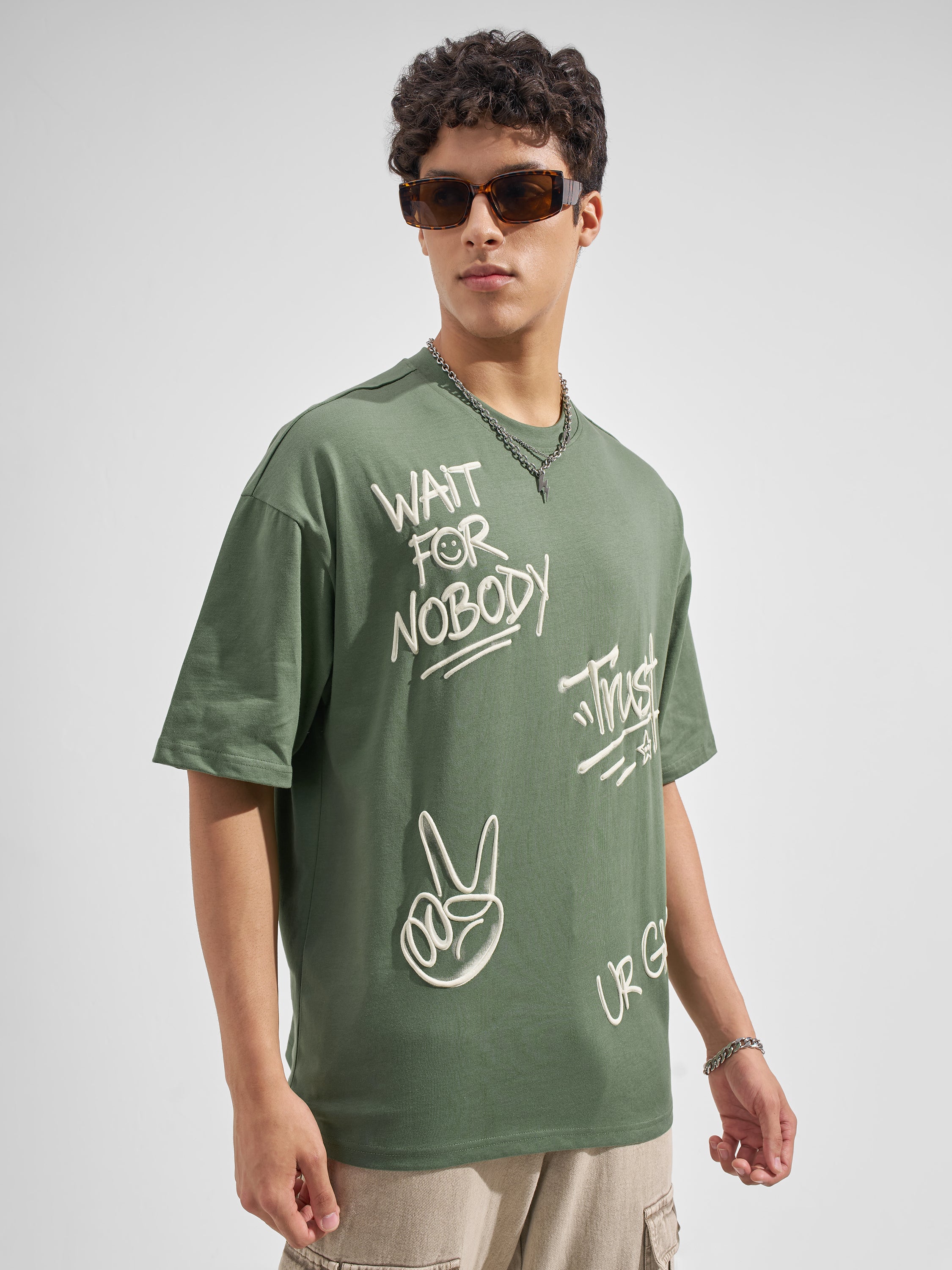 Highlander Men Olive Printed Round Neck Oversized Fit T-Shirt