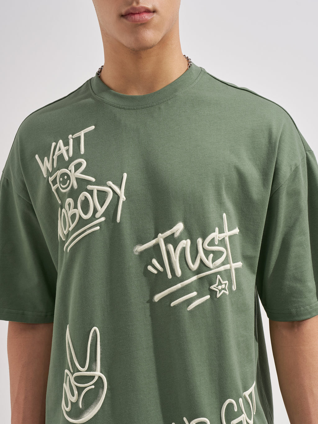 Highlander Men Olive Printed Round Neck Oversized Fit T-Shirt