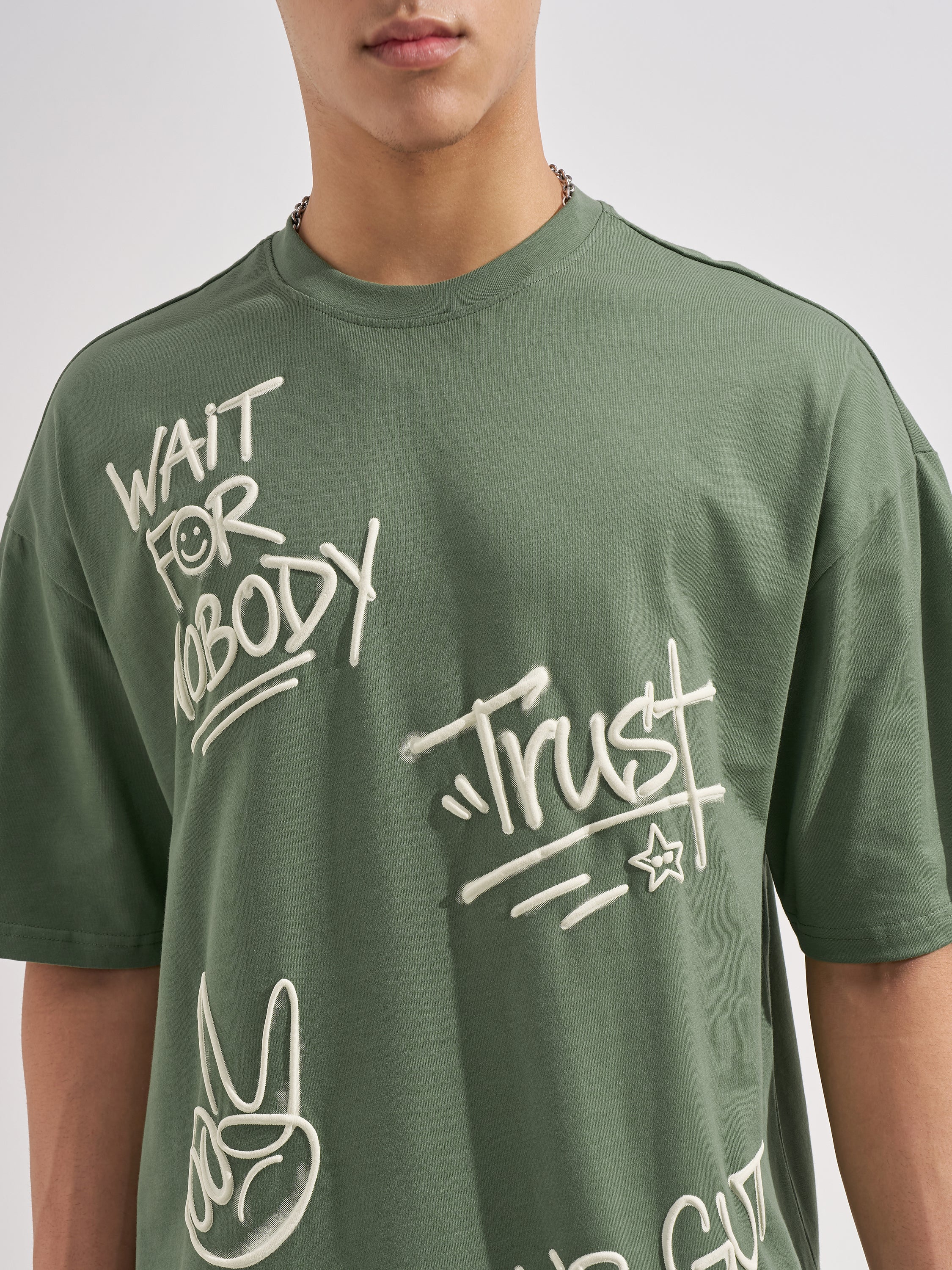 Highlander Men Olive Printed Round Neck Oversized Fit T-Shirt