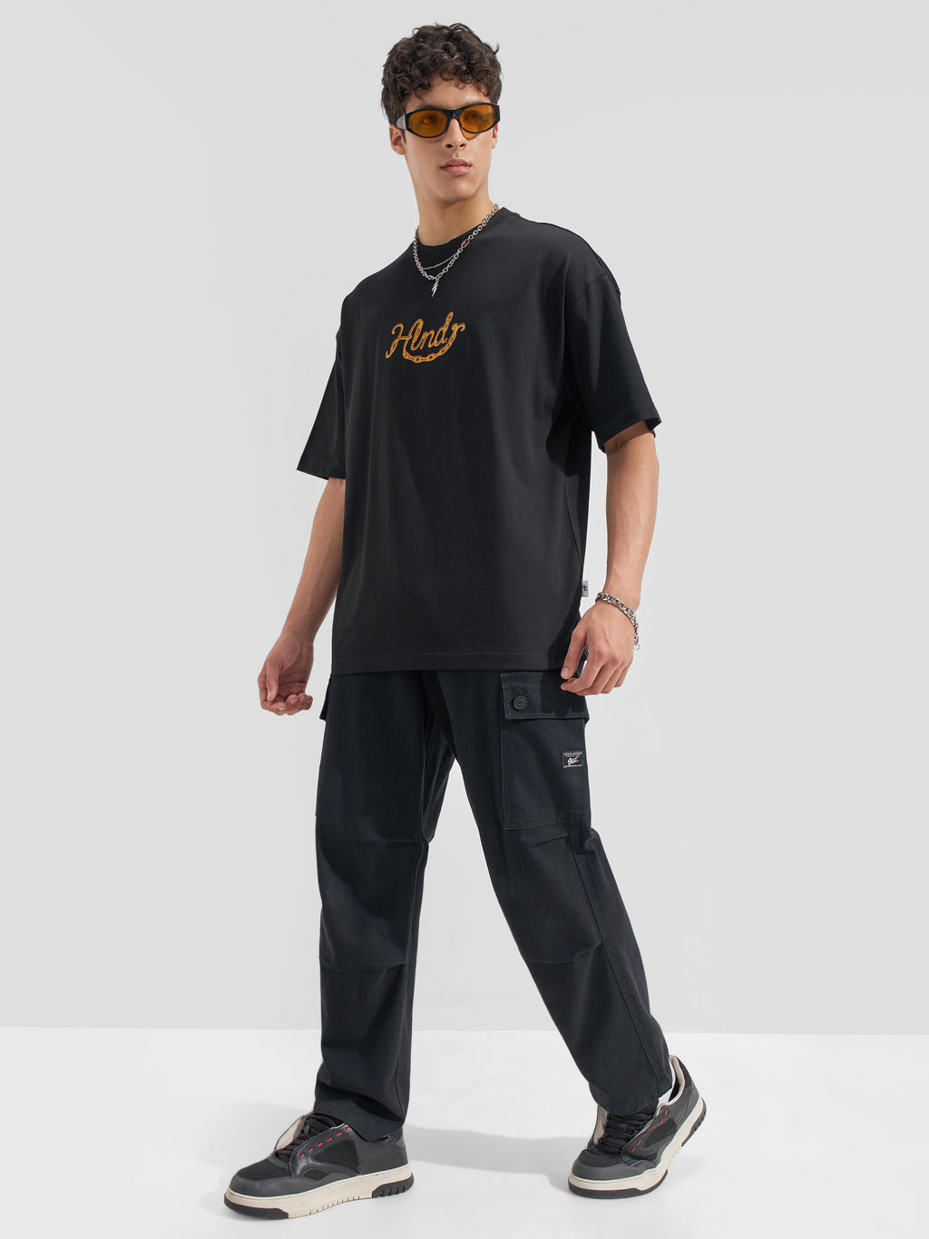 Highlander Men Black Printed Round Neck Oversized Fit T-Shirt