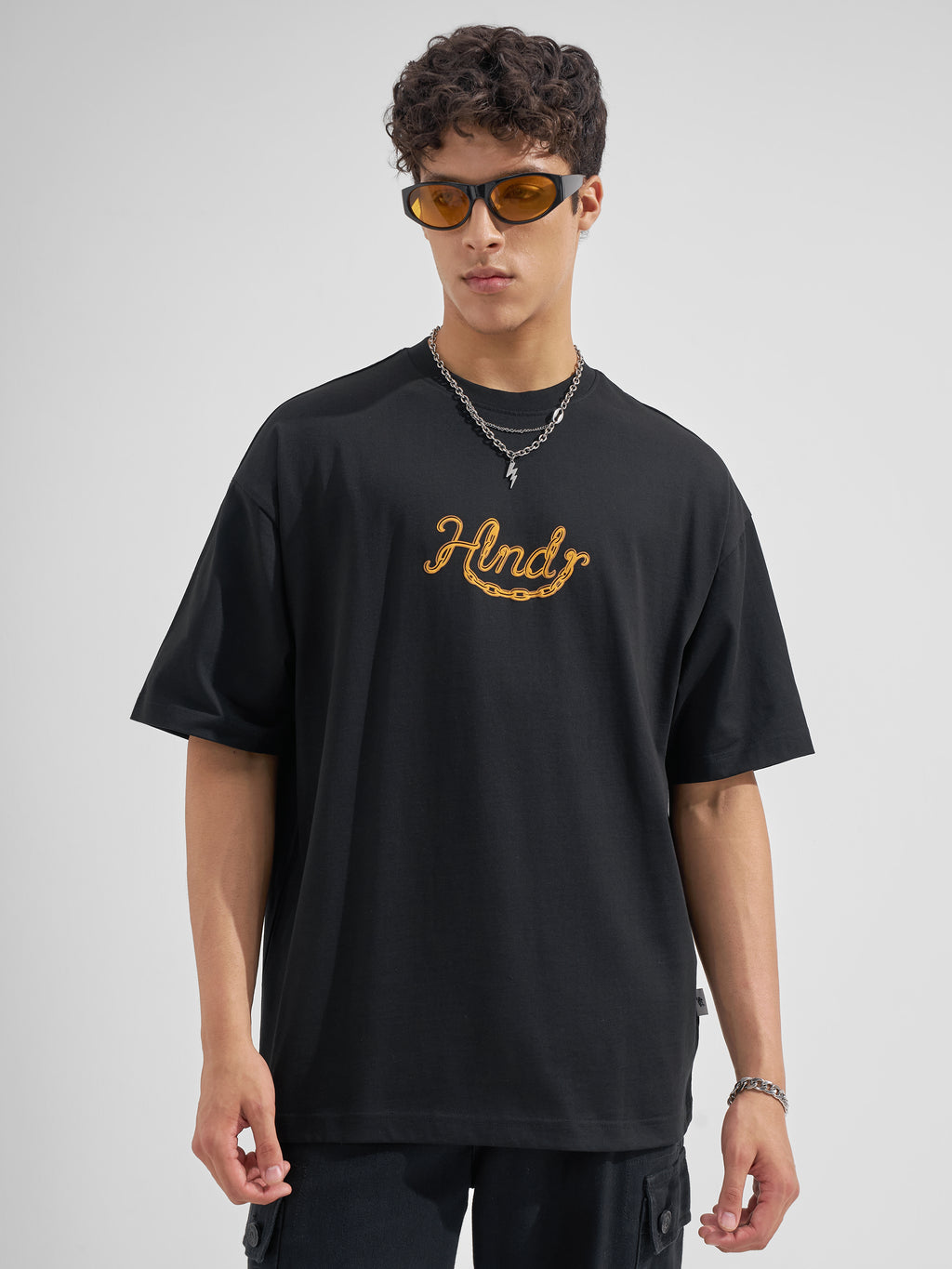 Highlander Men Black Printed Round Neck Oversized Fit T-Shirt
