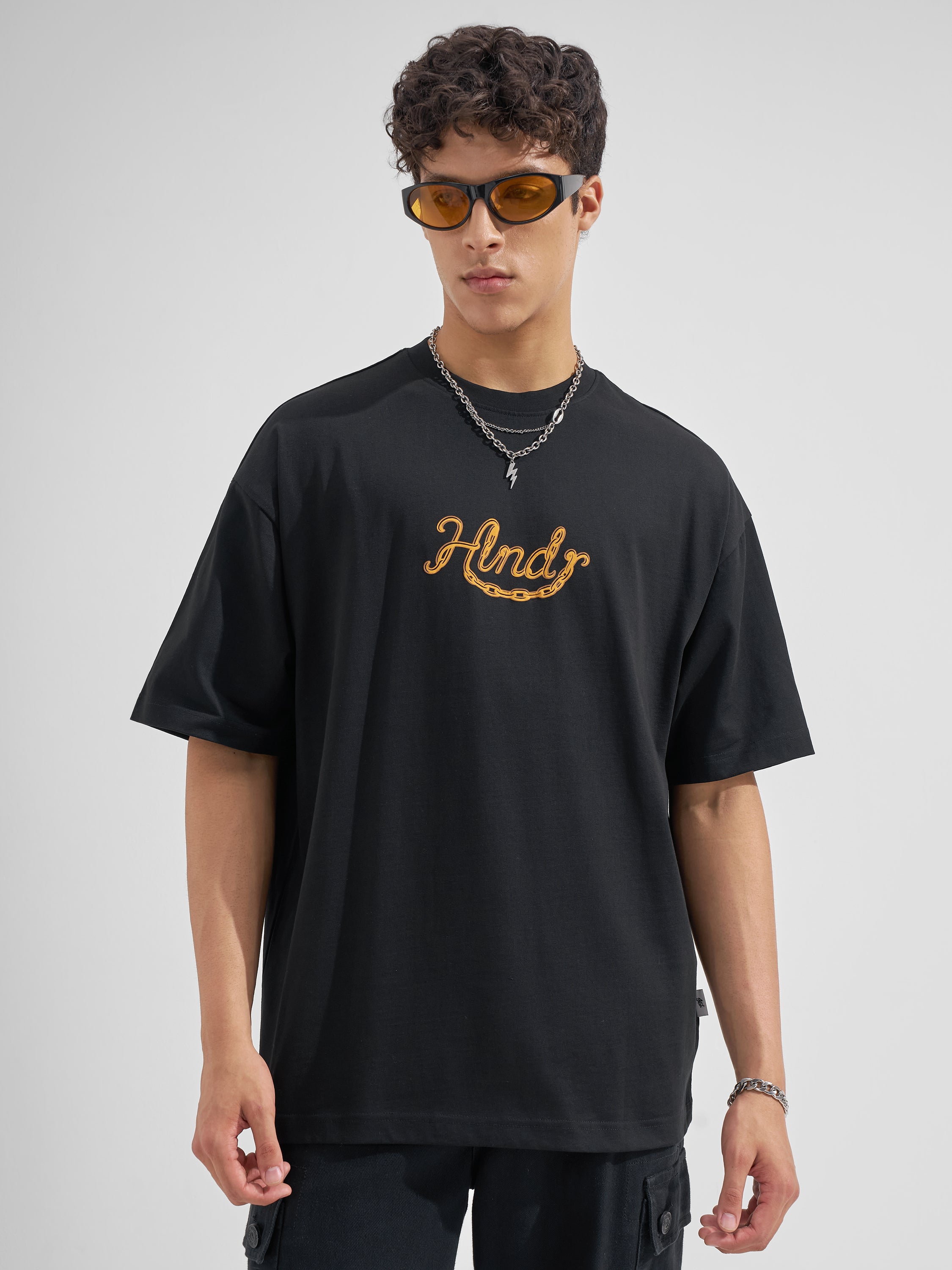 Highlander Men Black Printed Round Neck Oversized Fit T-Shirt