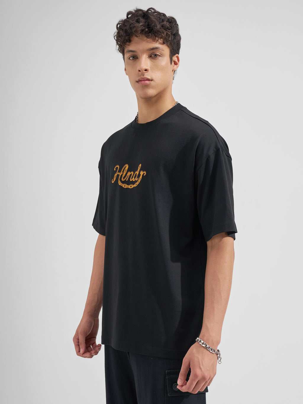 Highlander Men Black Printed Round Neck Oversized Fit T-Shirt
