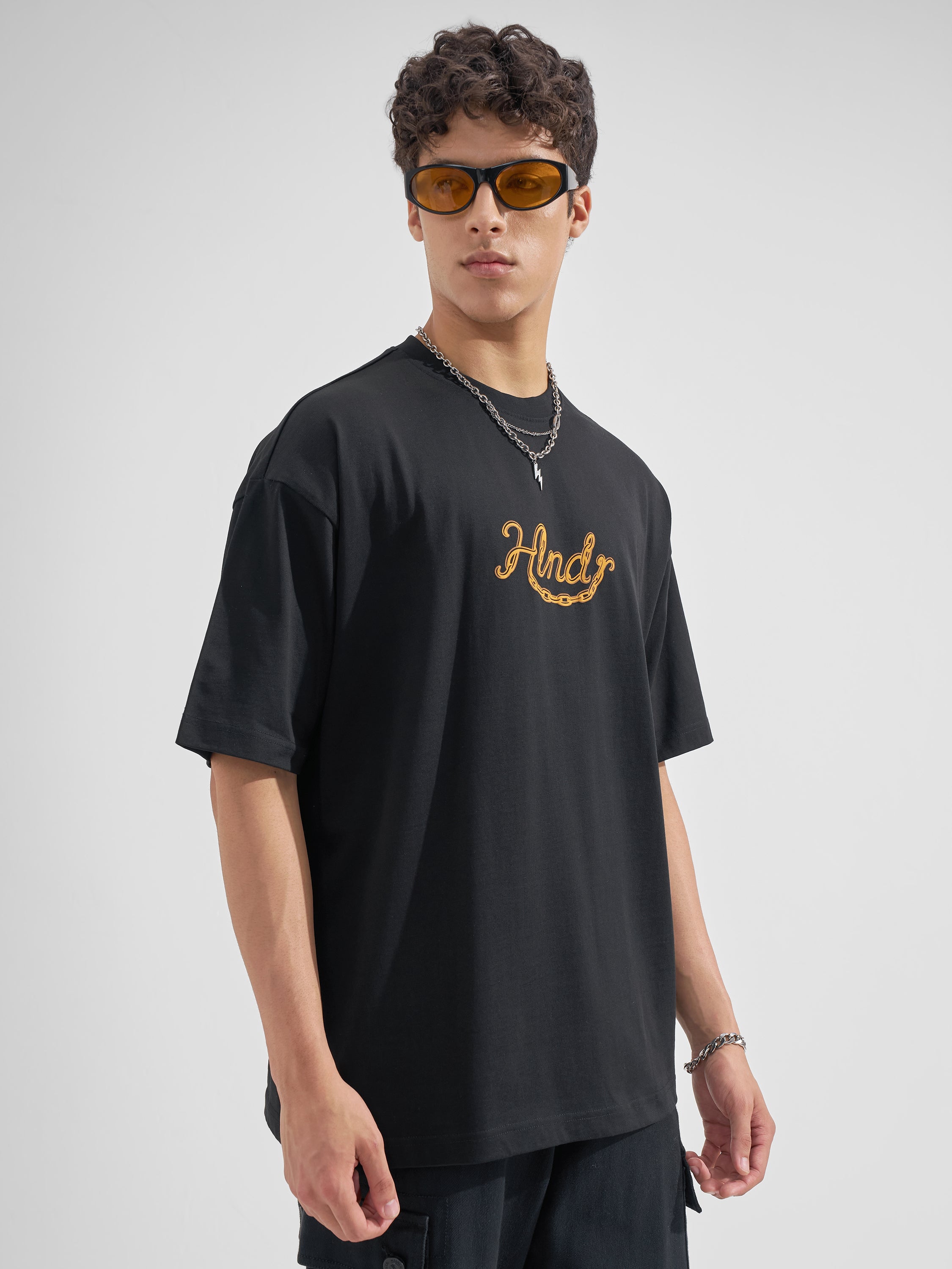 Highlander Men Black Printed Round Neck Oversized Fit T-Shirt