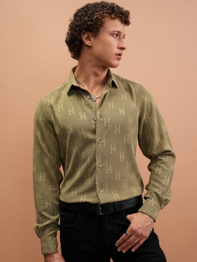 Highlander Men Olive Textured Slim Fit Casual Shirt - Olive - Image 1