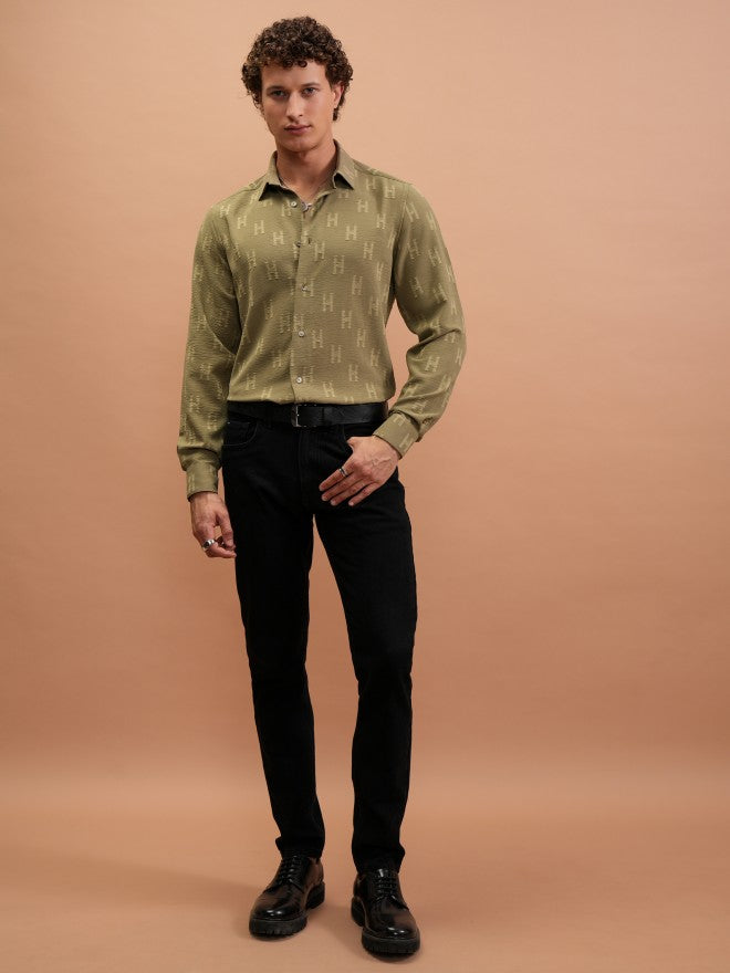 Highlander Men Olive Textured Slim Fit Casual Shirt - Olive - Image 2