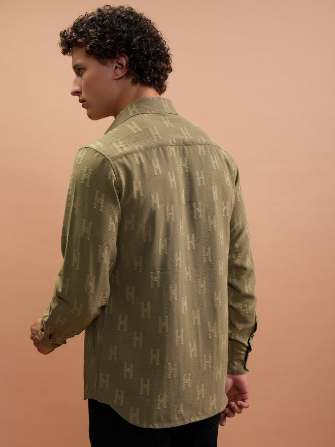 Highlander Men Olive Textured Slim Fit Casual Shirt - Olive - Image 3