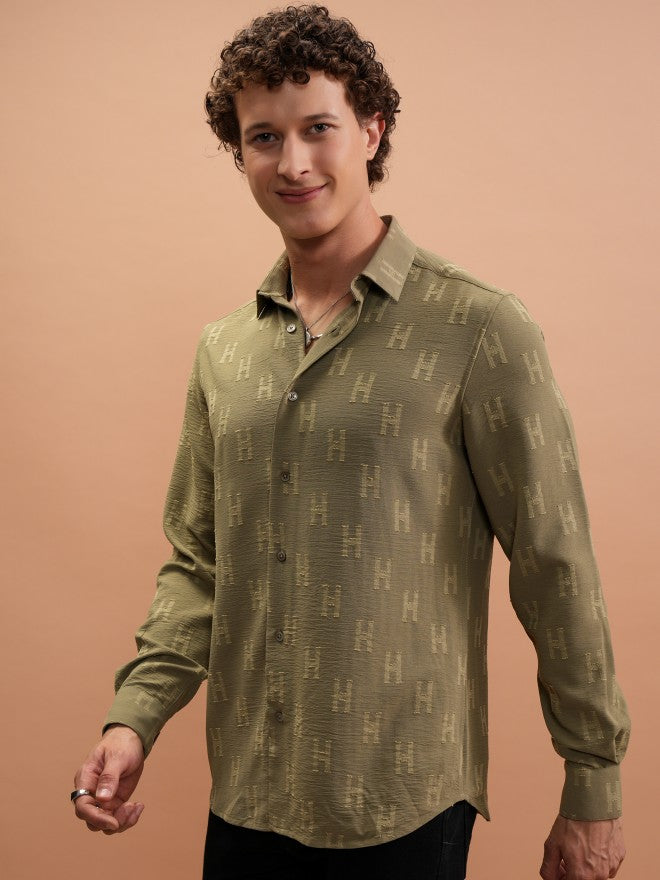 Highlander Men Olive Textured Slim Fit Casual Shirt - Olive - Image 4