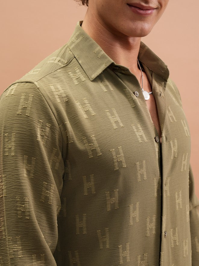 Highlander Men Olive Textured Slim Fit Casual Shirt - Olive - Image 5