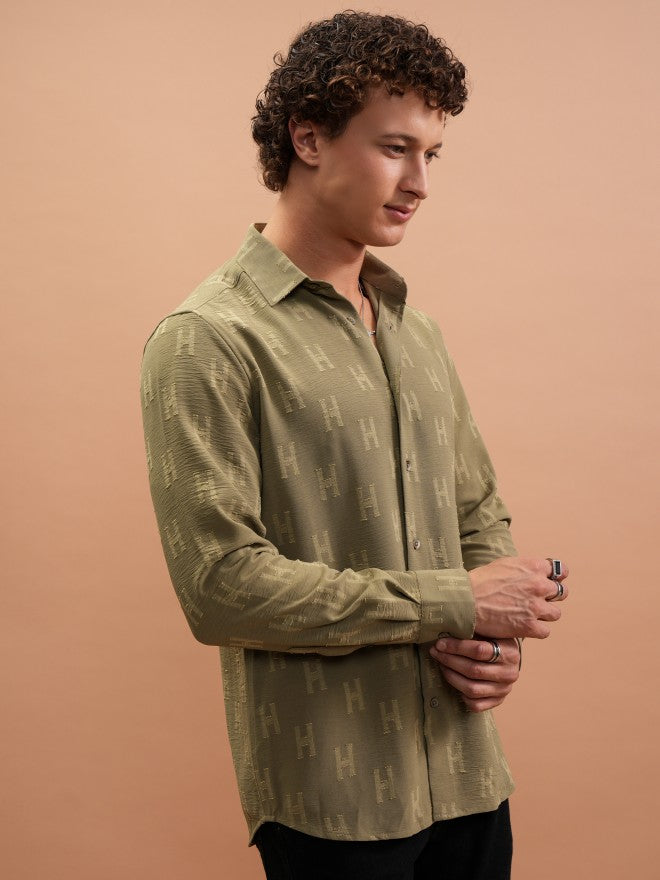 Highlander Men Olive Textured Slim Fit Casual Shirt - Olive - Image 6