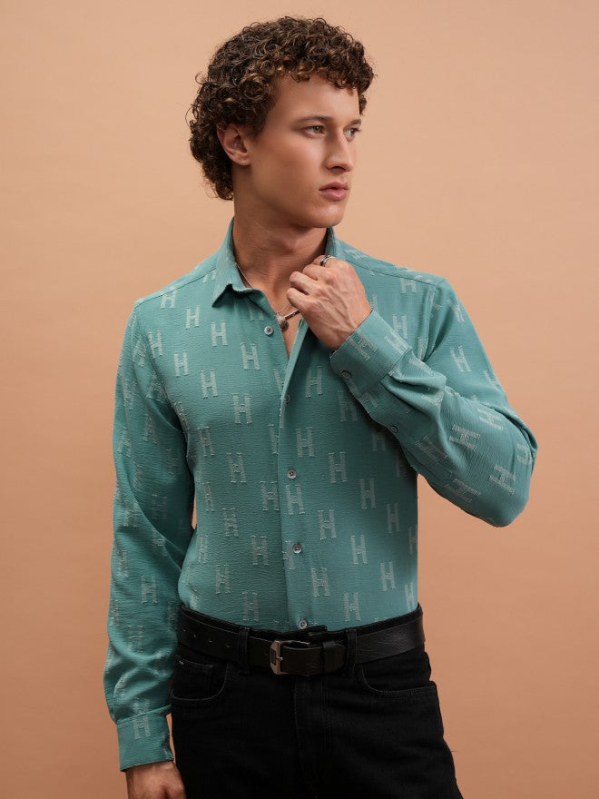 Locomotive Men Sage Textured Slim Fit Casual Shirt - Sage - Image 1