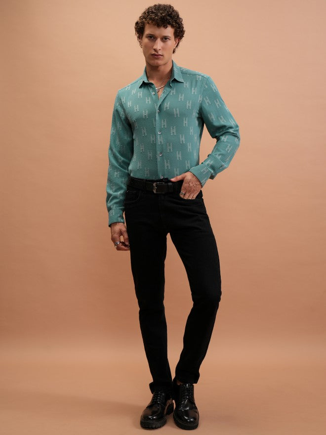 Locomotive Men Sage Textured Slim Fit Casual Shirt - Sage - Image 2