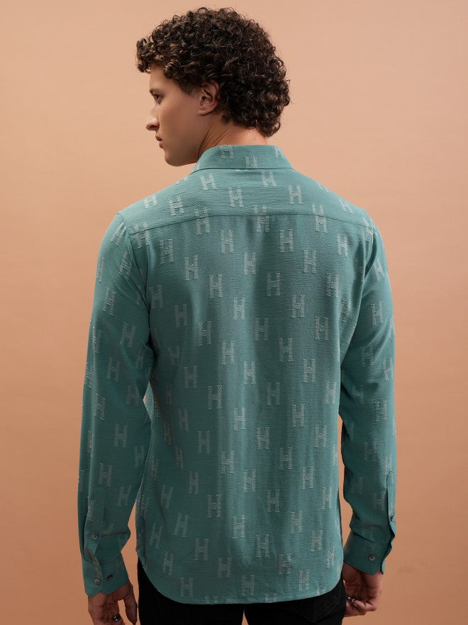 Locomotive Men Sage Textured Slim Fit Casual Shirt - Sage - Image 3