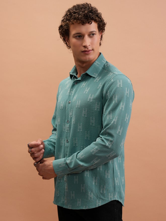 Locomotive Men Sage Textured Slim Fit Casual Shirt - Sage - Image 4