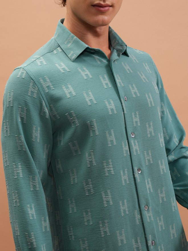 Locomotive Men Sage Textured Slim Fit Casual Shirt - Sage - Image 5