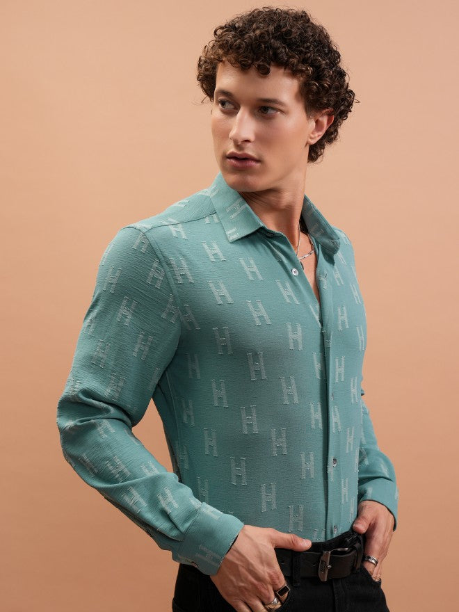 Locomotive Men Sage Textured Slim Fit Casual Shirt - Sage - Image 6