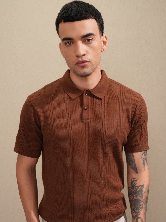 Highlander Men Brown Self Design Polo Collar T-Shirt - Brown - Image 1
