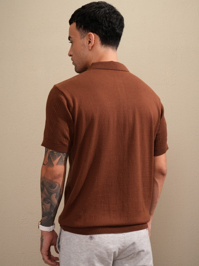 Highlander Men Brown Self Design Polo Collar T-Shirt - Brown - Image 3