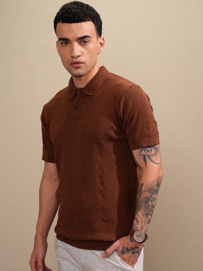 Highlander Men Brown Self Design Polo Collar T-Shirt - Brown - Image 4