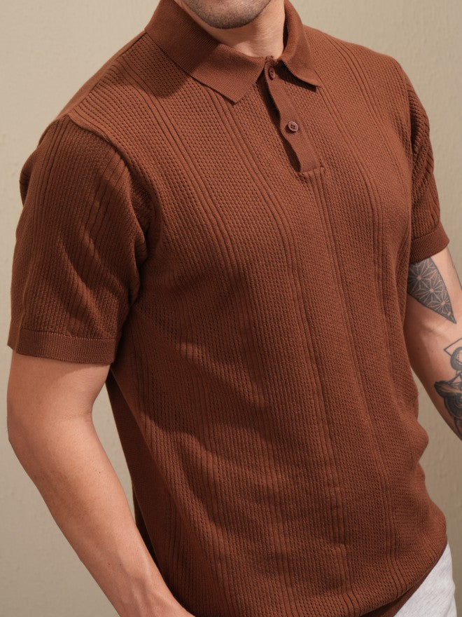 Highlander Men Brown Self Design Polo Collar T-Shirt - Brown - Image 5