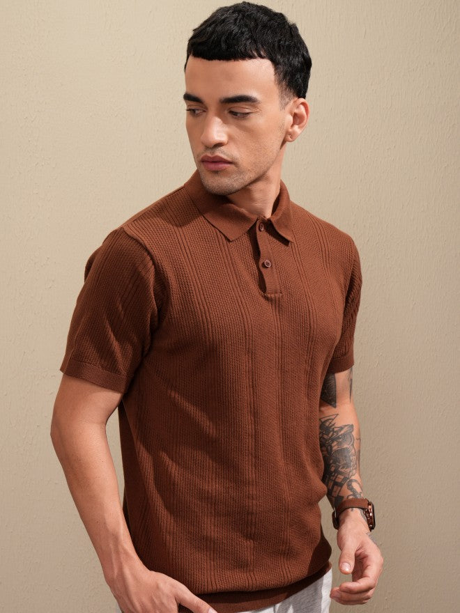 Highlander Men Brown Self Design Polo Collar T-Shirt - Brown - Image 6