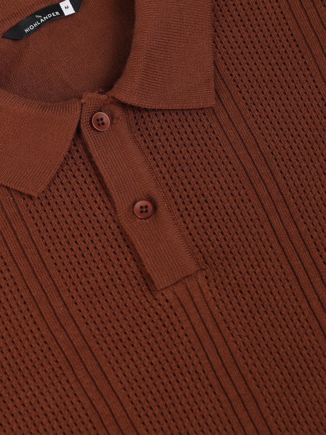 Highlander Men Brown Self Design Polo Collar T-Shirt - Brown - Image 7