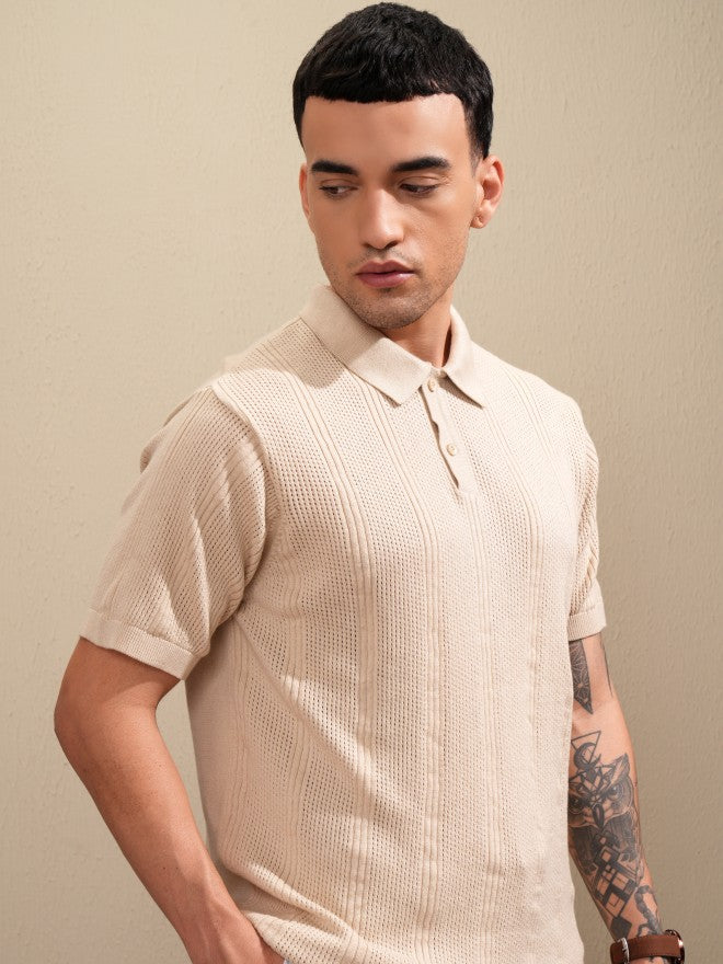 Highlander Men Beige Self Design Polo Collar T-Shirt - Beige - Image 1