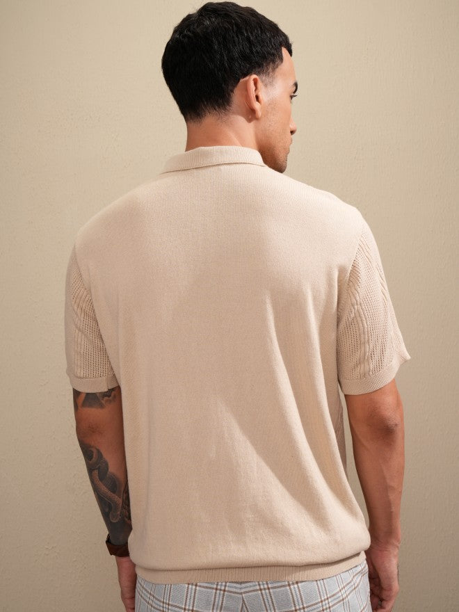 Highlander Men Beige Self Design Polo Collar T-Shirt - Beige - Image 3