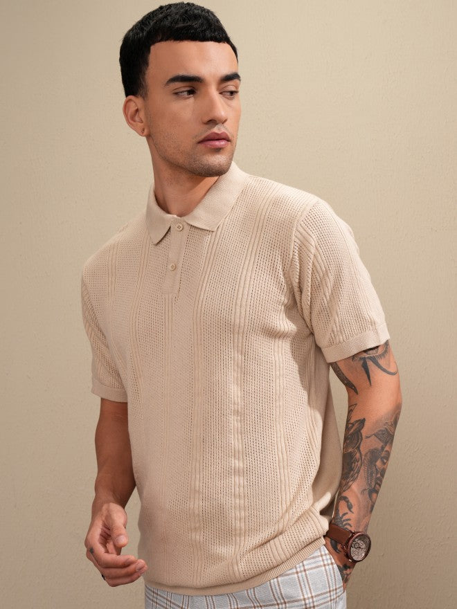Highlander Men Beige Self Design Polo Collar T-Shirt - Beige - Image 4