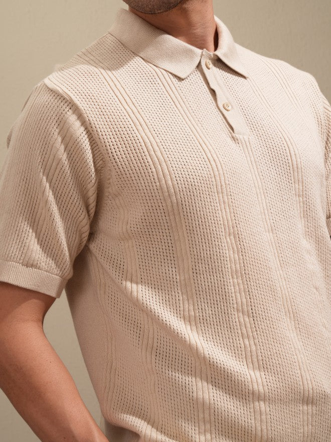 Highlander Men Beige Self Design Polo Collar T-Shirt - Beige - Image 5