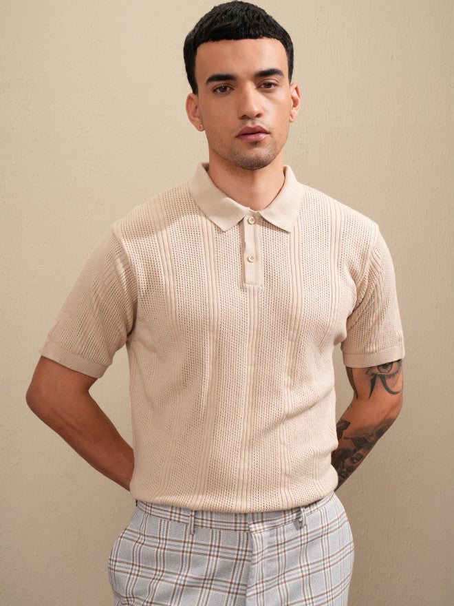 Highlander Men Beige Self Design Polo Collar T-Shirt - Beige - Image 6