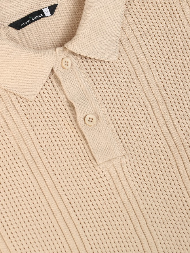 Highlander Men Beige Self Design Polo Collar T-Shirt - Beige - Image 7