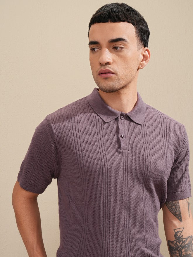 Highlander Men Purple Self Design Polo Collar T-Shirt - Purple - Image 1